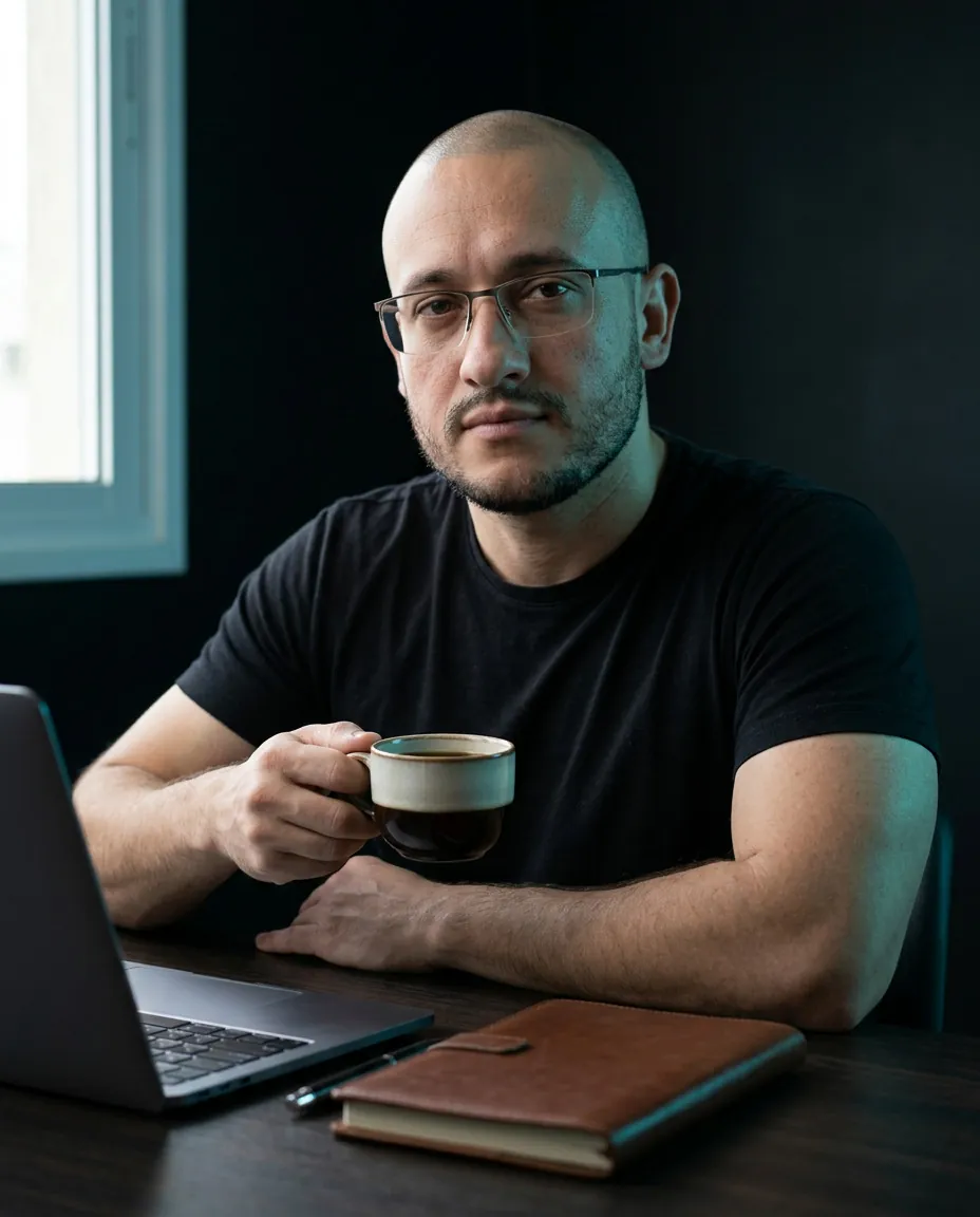 Cristiano Pereira at a table holding a cup of coffee, with a laptop and a leather notebook in front and a window in the background